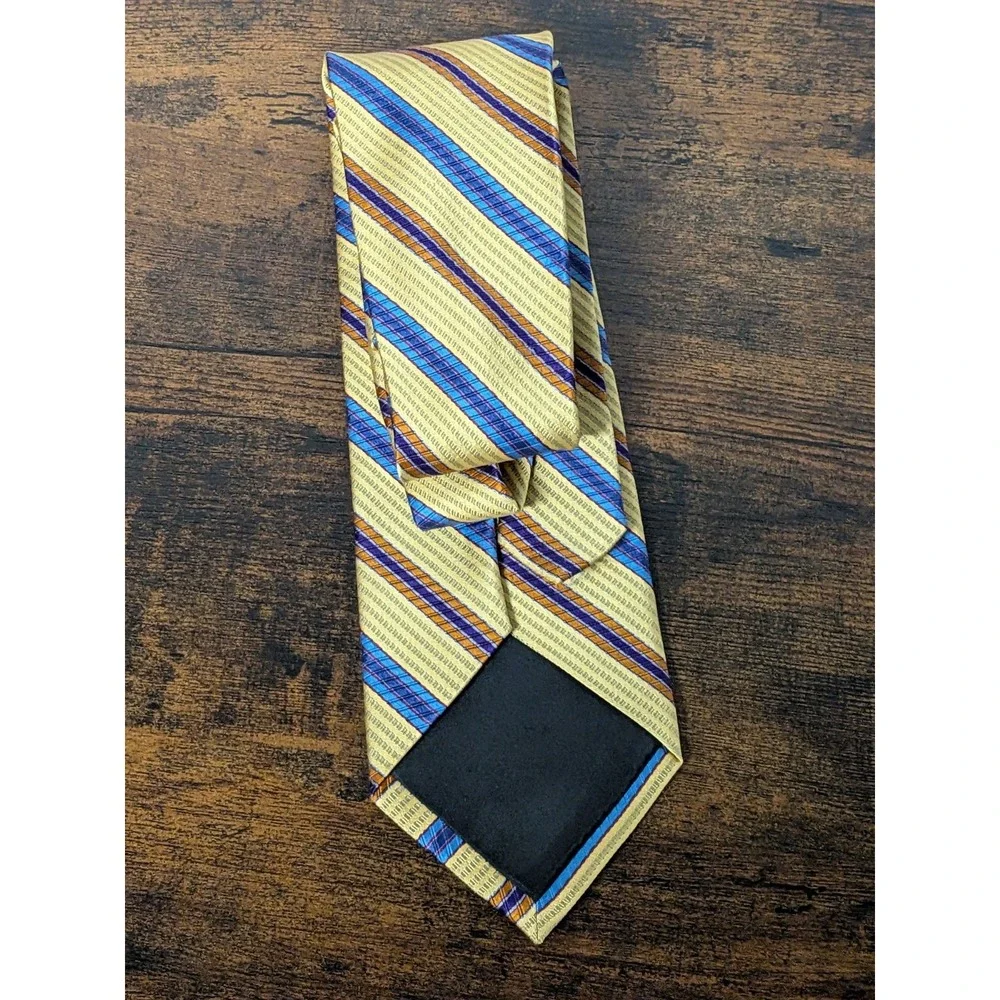 Jos A Bank Woven Silk Tie Gold‎ Blue Orange Striped 60